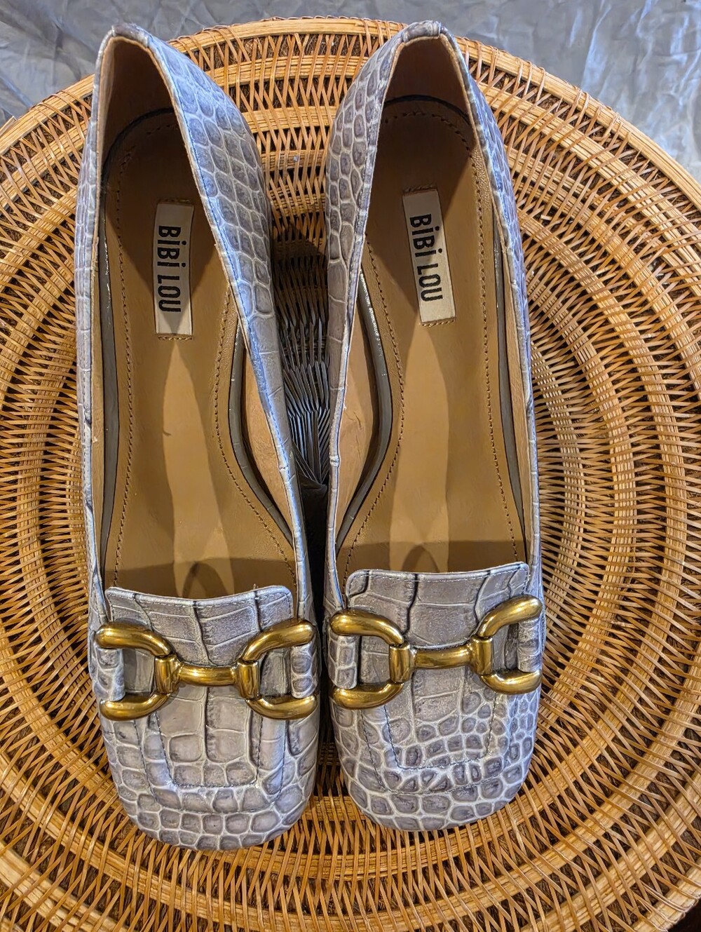 Bibi Lou Women's Croc-Textured Preppy Old Money Loafers with Gold Bit